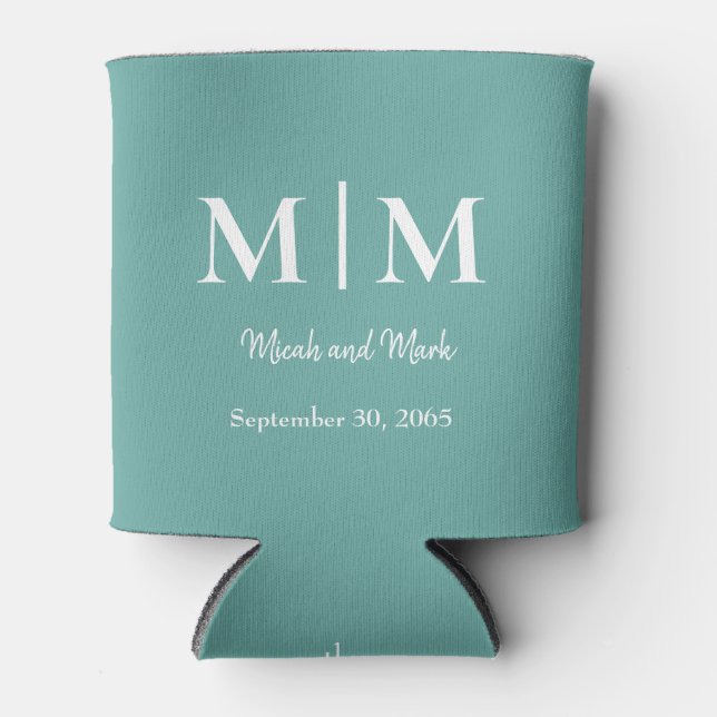 Rafraîchisseur Pour Canette Monogramme Turquoise & Noms Mariage Can Cooler (Devant)