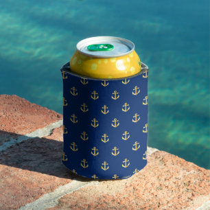 Rafraîchisseur Pour Canette Motif Ancre Jaune Chic Gold sur bleu marine foncé