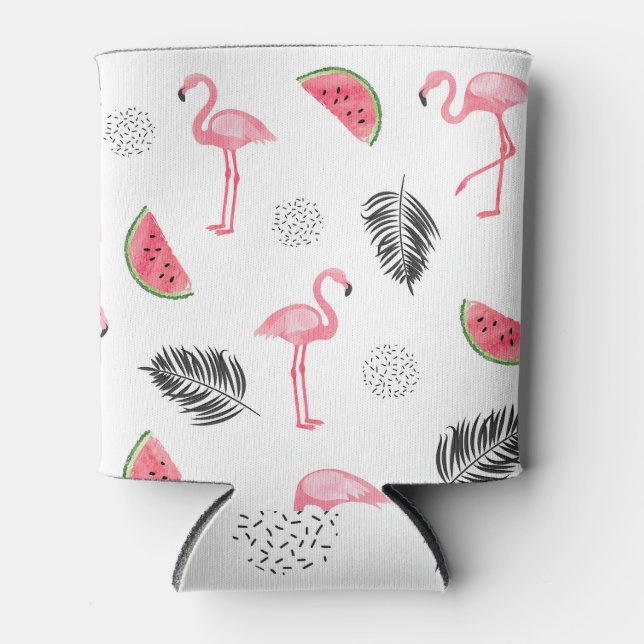 Rafraîchisseur Pour Canette Motif tropical aux flamants roses. (Devant)