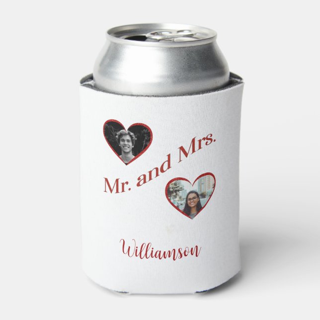 Rafraîchisseur Pour Canette Mr. and Mrs. Custom Last Name Photo Double Hearts  (Can devant)