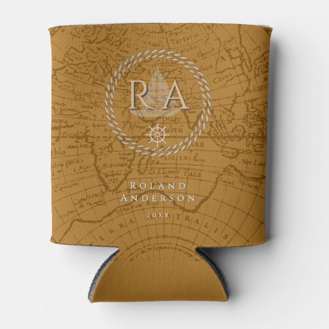 Rafraîchisseur Pour Canette Nautical Rope Monogram Map Brown (Devant)