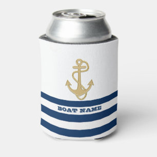 Rafraîchisseur Pour Canette Nautique, Ancre d'Or Bleu Marine Rayures Blanches