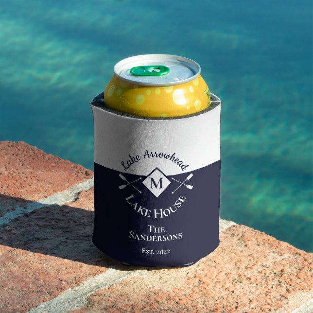 Rafraîchisseur Pour Canette Nautique moderne Marine bleu gris Monogram Lake Ho (Piscine in situ)