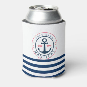 Rafraîchisseur Pour Canette Nautique, nom de bateau, ancrage bleu marine rayé