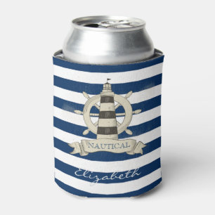 Rafraîchisseur Pour Canette Nautique,Roue de Bateau,Rayes Bleues et Blanches