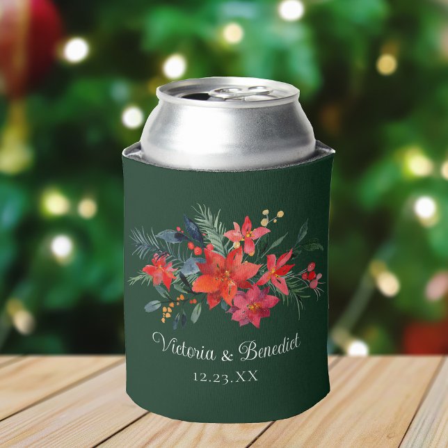 Rafraîchisseur Pour Canette Noël Poinsettia Élégant Mariage Floral Vert (Créateur téléchargé)