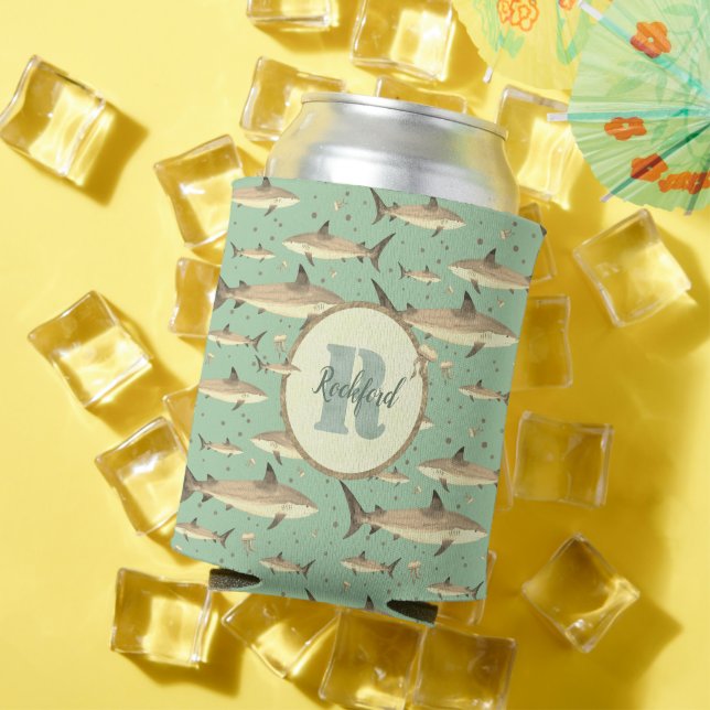 Rafraîchisseur Pour Canette Nom + Aquarelle Monogramme 🌊 🐋 requin vert (Été in situ)