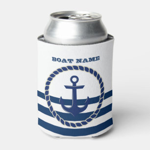 Rafraîchisseur Pour Canette Nom de bateau nautique, ancres rayures bleu marine