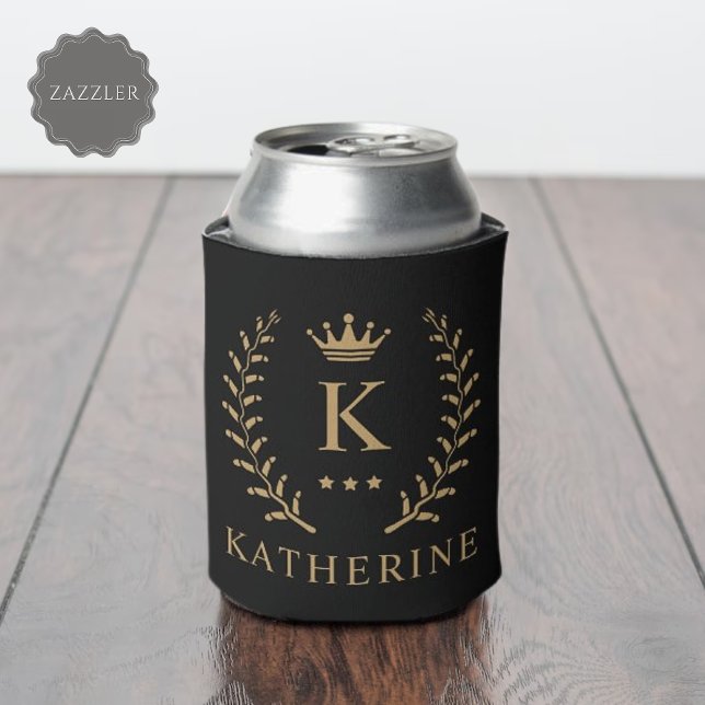 Rafraîchisseur Pour Canette Nom de la Personnaliser et premier monogramme noir (Customize Name & Initial Black White Gold Monogram Can Cooler)