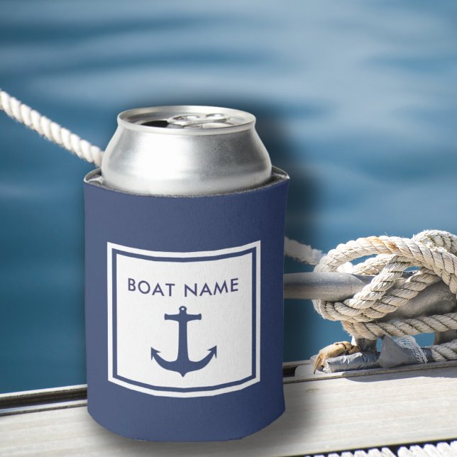 Rafraîchisseur Pour Canette Nom du bateau nautique Ancre bleue Capitaine (Personalised boat name can cooler for new boat owner gift idea)
