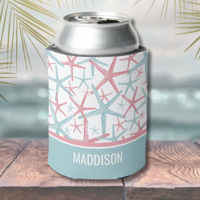 Rafraîchisseur Pour Canette Nom Plage Tropicale Côtière Mignonne (Cute Coastal Teal Pink Starfish Tropical Beach Can Cooler)