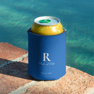 Rafraîchisseur Pour Canette Noms de monogramme bleu saphir et blanc Mariage