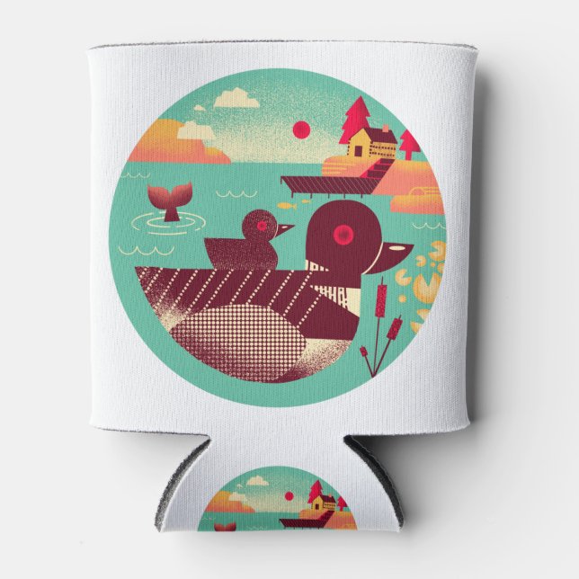 Rafraîchisseur Pour Canette Oiseau de Loon rétro des années 1950 sur un lac (Devant)