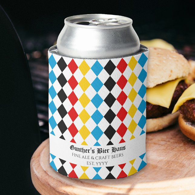 Rafraîchisseur Pour Canette Oktoberfest Texte personnalisé Bleu Noir Rouge Jau (Oktoberfest themed beer can cooler personalized with your name, event, bar or craft beer business)