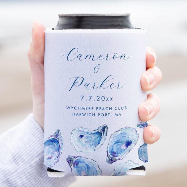 Rafraîchisseur Pour Canette Oyster Blue Aquarelle Mariage Faveur (Oyster Wedding Custom Can Coozie with Blue Watercolor Shells for an Elegant Coastal Wedding Favor)