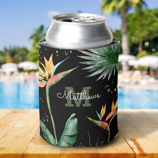 Rafraîchisseur Pour Canette Palme de feuillage tropical Monogramme Or Noir (Créateur téléchargé)