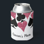 Rafraîchisseur Pour Canette Parties scintillant rose Vegas Thème Grooms Maman<br><div class="desc">La classe supérieure qui peut avec une "Maman de Groom" entièrement personnalisée peut se refroidir avec un nuage de costumes de carte dans la parties scintillant brillante, faux rose et noir avec le texte personnalisé pour les membres du nom de la fête nuptiale. Réunissez les filles pour célébrer la mariée...</div>