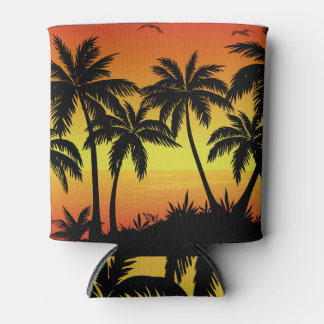 Rafraîchisseur Pour Canette Paysage exotique, palmiers, silhouette d'oiseaux.