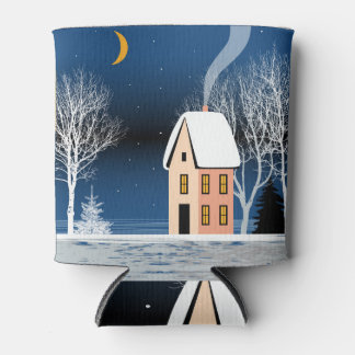 Rafraîchisseur Pour Canette Paysage nocturne d'hiver, maison confortable, lune