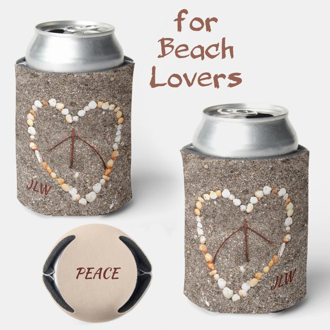 Rafraîchisseur Pour Canette Peace Sign in Heart on Sand Beach (Créateur téléchargé)