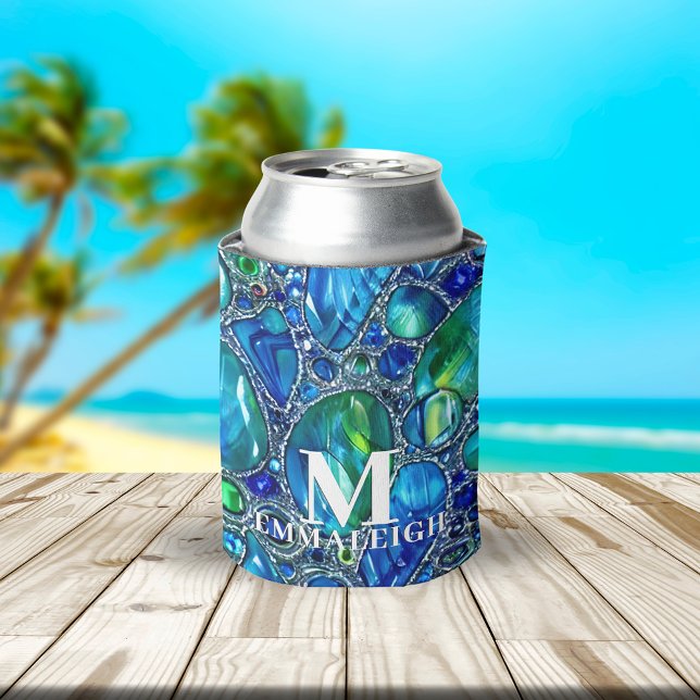 Rafraîchisseur Pour Canette Perles de verre scintillantes vert bleu avec monog (Créateur téléchargé)