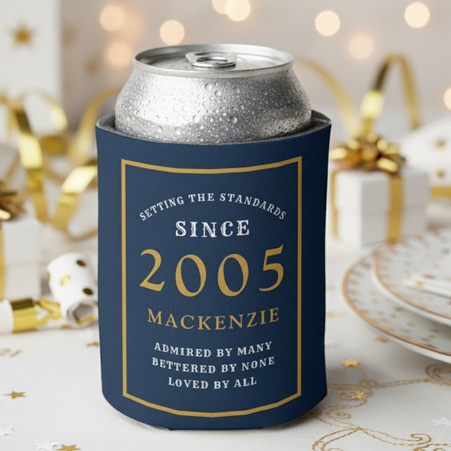 Rafraîchisseur Pour Canette Personalized 21st Birthday 2005 Elegant Blue Gold (2005 blue can cooler. White and gold background.)