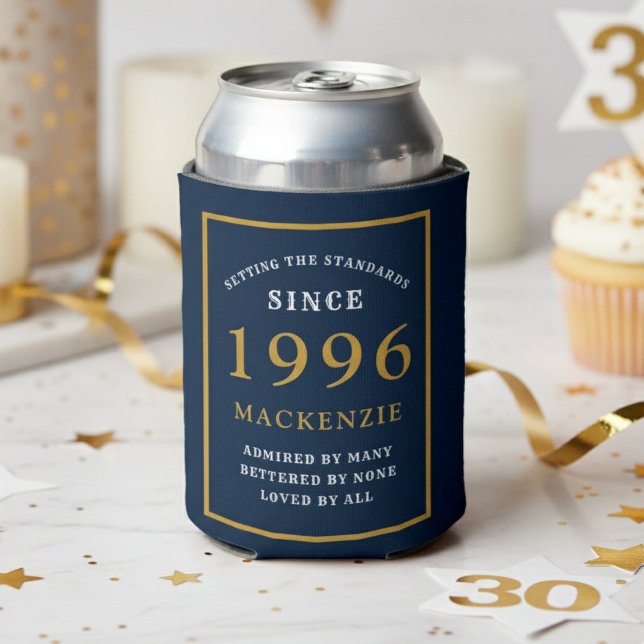 Rafraîchisseur Pour Canette Personalized 30th Birthday 1996 Elegant Blue Gold (1996 blue can cooler. White background.)