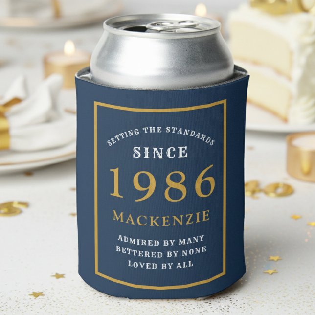 Rafraîchisseur Pour Canette Personalized 40th Birthday 1986 Elegant Blue Gold (1986 blue can cooler. White background.)