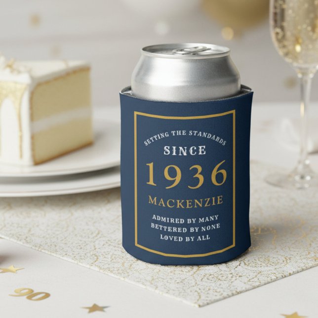 Rafraîchisseur Pour Canette Personalized 90th Birthday 1936 Elegant Blue Gold (1936 blue can cooler. White background.)