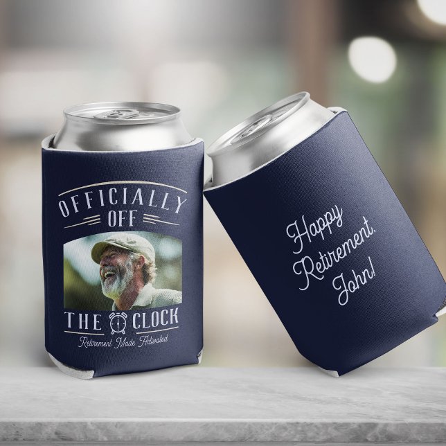 Rafraîchisseur Pour Canette Personalized Retiree Party Favor Retirement Photo  (Light and dark blue retirement photo can cooler with an Officially Off the Clock retirement design )