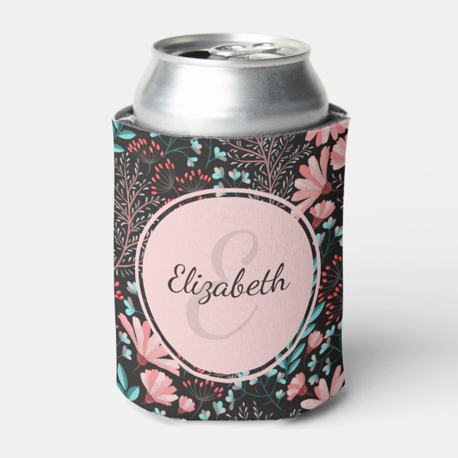Rafraîchisseur Pour Canette Personnalisé rose et Turquoise floral foncé (Can devant)