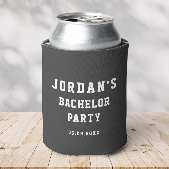 Rafraîchisseur Pour Canette Personnalisé Simple Moderne Cool Enterrement de Vi (a can in a gray cooler with simple, bold writing reading Jordan's Bachelor Party and the  date)