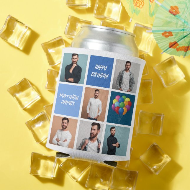 Rafraîchisseur Pour Canette Photo personnalisée Collage bleu fête d'anniversai (Été in situ)