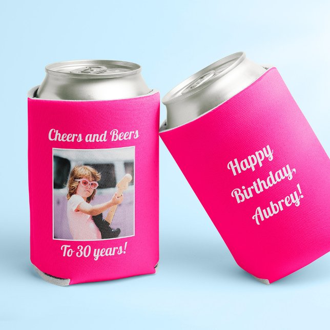 Rafraîchisseur Pour Canette Photo personnalisée Funny Cool 30e anniversaire (Two pink can holders; one reads "Happy Birthday, Aubrey!" + the other a photo and "cheers and beers")