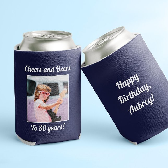 Rafraîchisseur Pour Canette Photo personnalisée Funny Cool 30e anniversaire ("Cheers and Beers to 30 years" blue can cooler with photo on the front and custom text on the back)