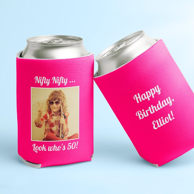 Rafraîchisseur Pour Canette Photo personnalisée Funny Cool 50e anniversaire ("Nifty look who's 50" hot pink can cooler with photo on the front and custom text on the back)