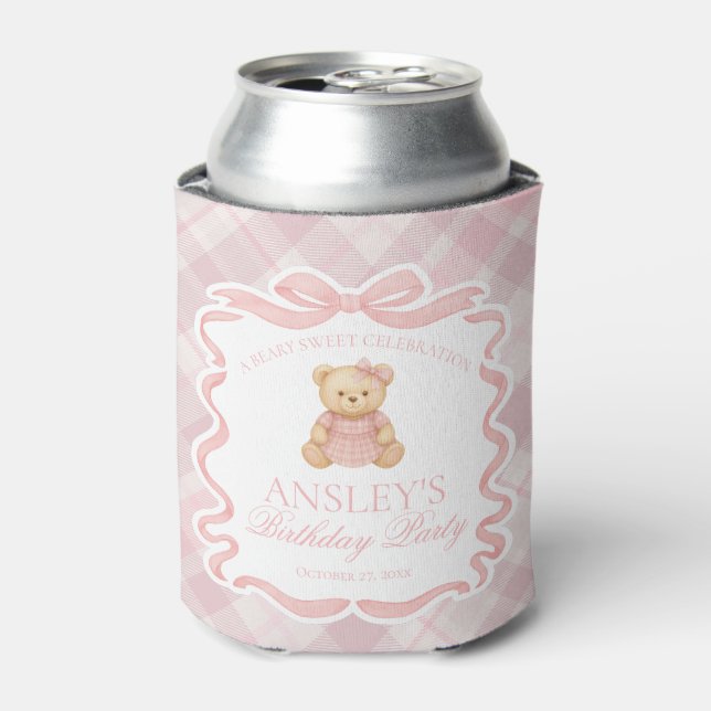 Rafraîchisseur Pour Canette Pink Coquette Bow Bear Tartan Birthday Favor (Can devant)