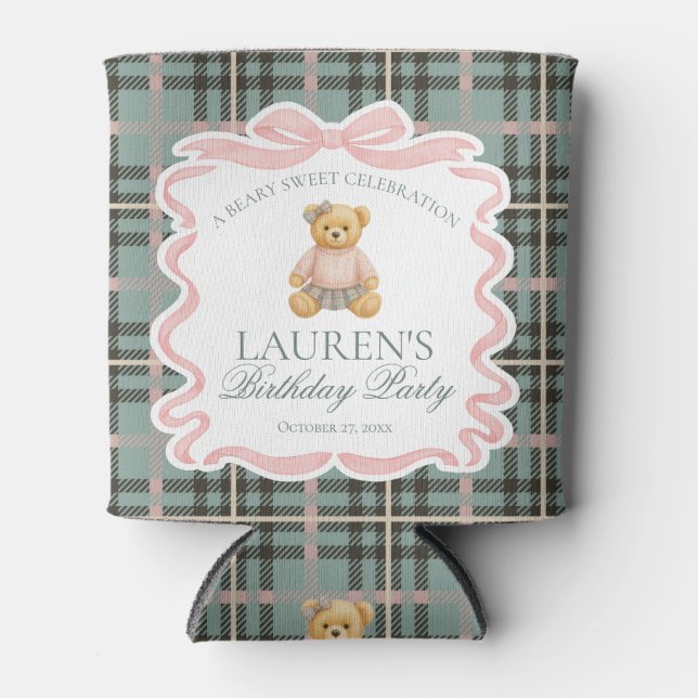 Rafraîchisseur Pour Canette Pink Coquette Bow Bear Tartan Birthday Favor (Devant)
