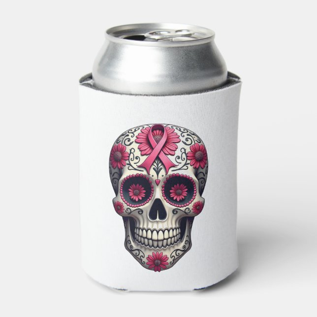 Rafraîchisseur Pour Canette Pink Ribbon Sugar Skull Calavera Breast Cancer Awa (Can devant)