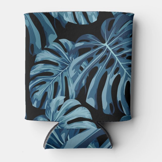 Rafraîchisseur Pour Canette Plante Monstera : motif feuille bleu. (Devant)