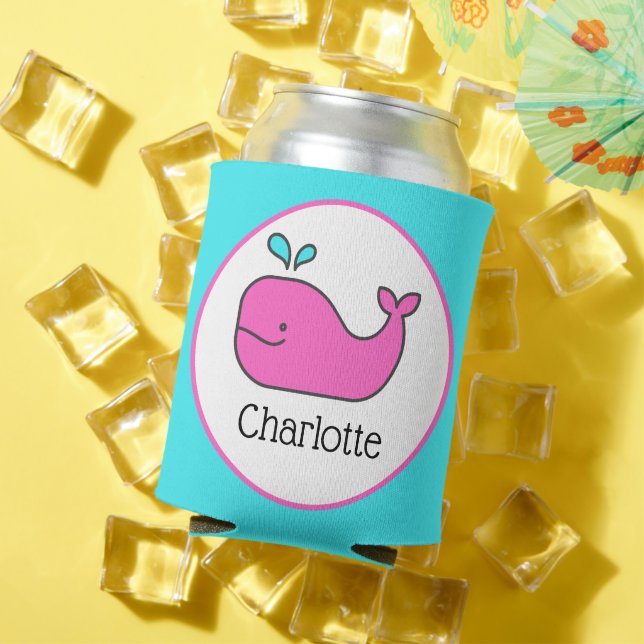 Rafraîchisseur Pour Canette Preppy Pink et Aqua Whale Personnalisé (Été in situ)