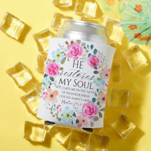 Rafraîchisseur Pour Canette Psaume 23:3 - Il restaure mon âme Pink Floral Bibl