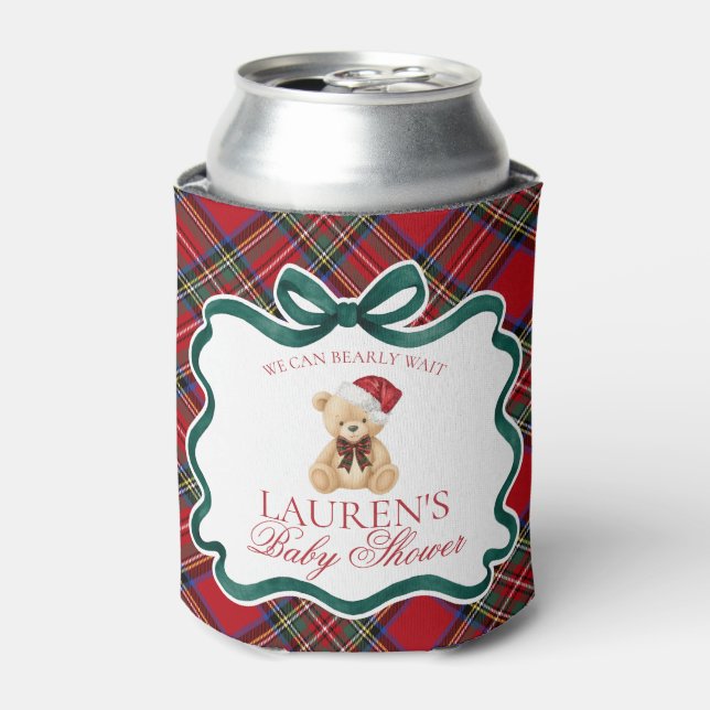 Rafraîchisseur Pour Canette Red Tartan Plaid Christmas Bear Baby Shower Favor (Can devant)