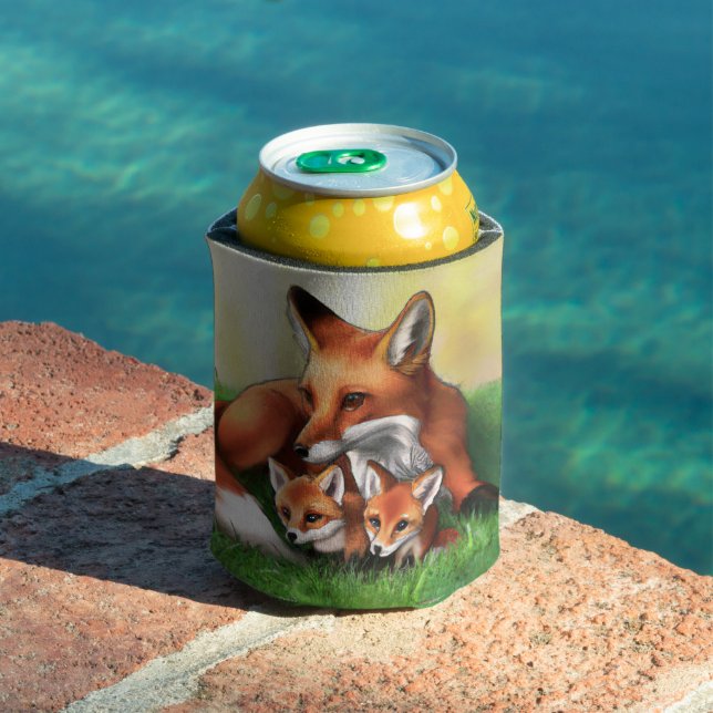 Rafraîchisseur Pour Canette Renard roux mère et petits dans l'herbe (Piscine in situ)