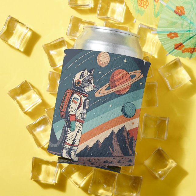 Rafraîchisseur Pour Canette Retro Cat Astronaut Cosmic Space Illustration (Été in situ)