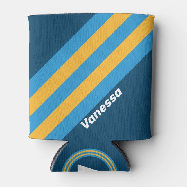 Rafraîchisseur Pour Canette Retro Navy Blue Stripes with Name (Devant)
