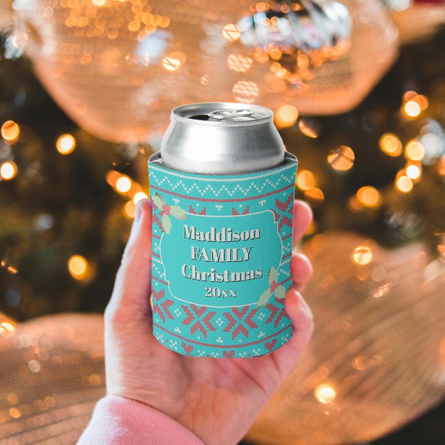 Rafraîchisseur Pour Canette Retro Ugly Christmas Sweater Blue Red Holly (Créateur téléchargé)