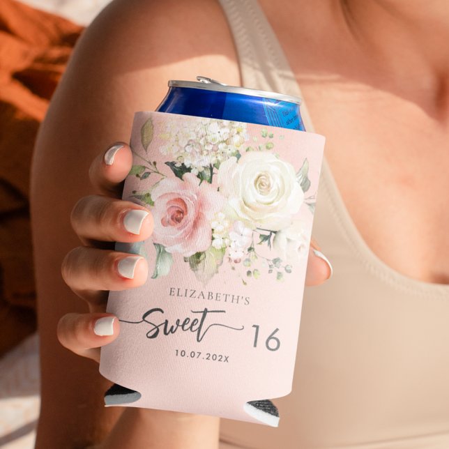 Rafraîchisseur Pour Canette Rose Floral Sweet 16 Anniversaire (Pink Floral Script Sweet Sixteen Can Cooler)