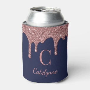 Rafraîchisseur Pour Canette Rose Gold Paillettes Gouttes Monogramme Bleu Nuit