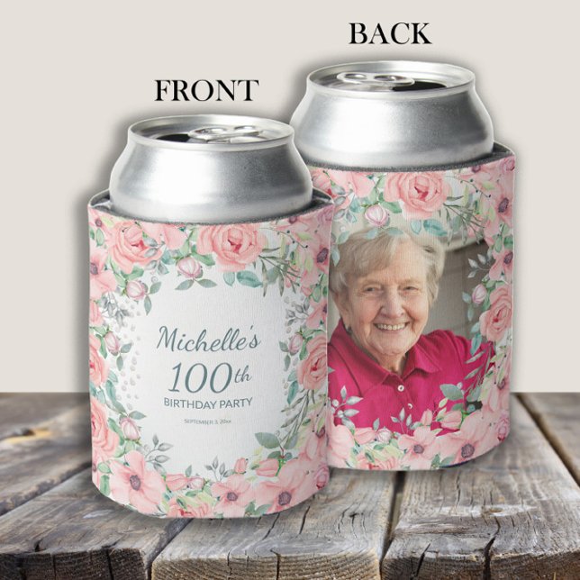 Rafraîchisseur Pour Canette Roses floraux roses 100e anniversaire Nom Photo (Pink floral photo can cooler personalized with your photo and text.)